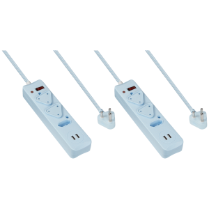 2x 3-Way Surge Multiplug with Dual USB Ports Blue - 0.5m